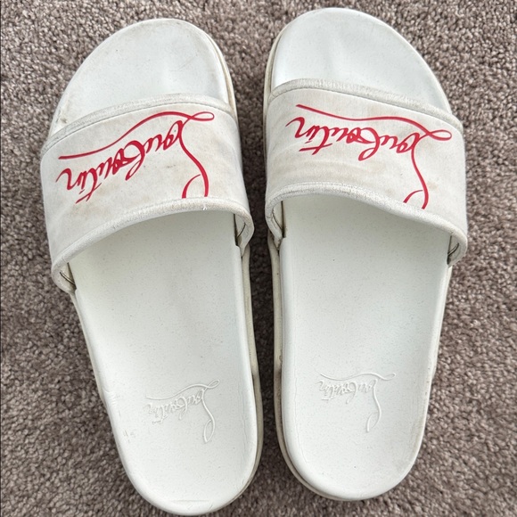 Christian Louboutin White Leather Logo Platform Slides - Picture 1 of 3